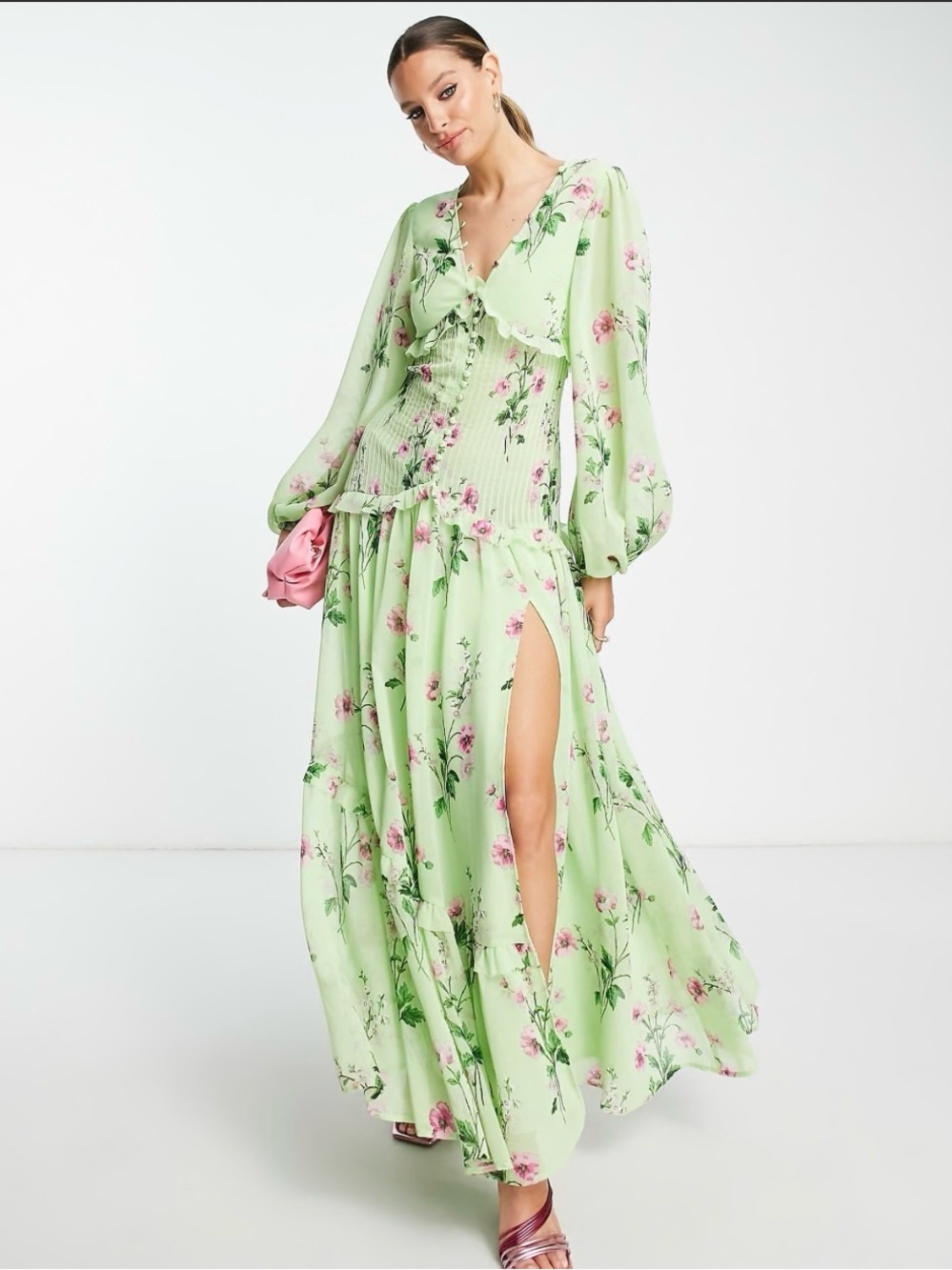NWOT Floral V-Neck Long Sleeve Maxi Dress in Light Green Button Through Size 12